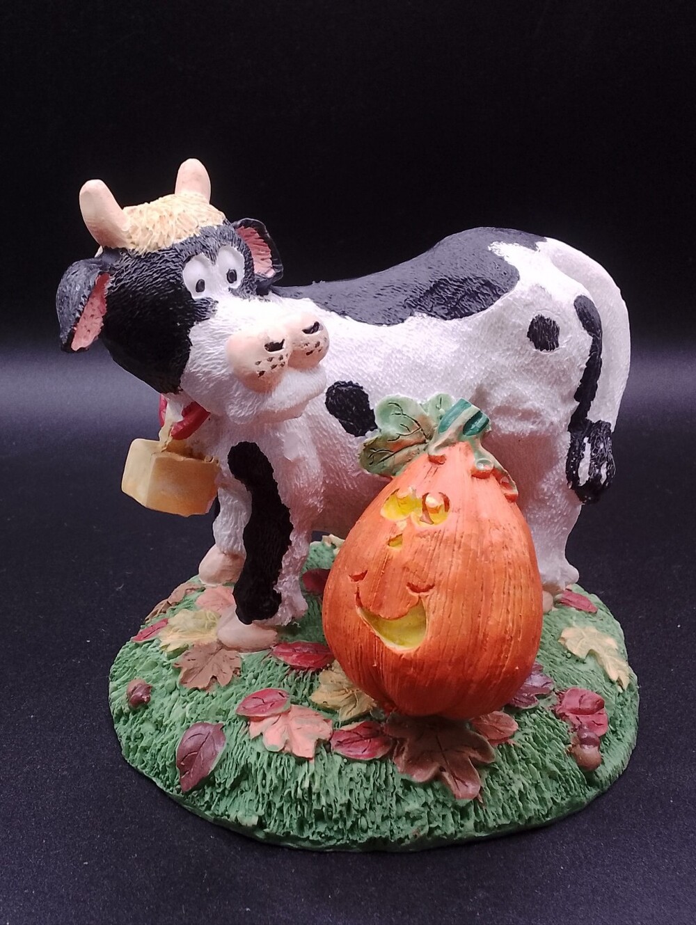 Country Meets Halloween Cow And Jack-o'-lantern Resin Decor